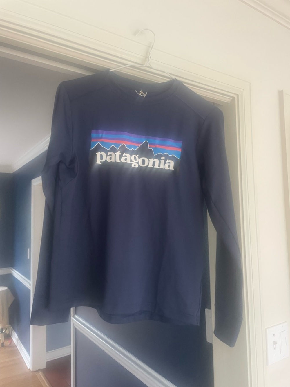 Patagonia Long Sleeve performance spf Navy with Multicolor Stripe kids large